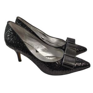 ADRIENNE VITTADINI Black Glitter Bow Kitten Heels 8.5M Pointed Toe Pumps Shoes
